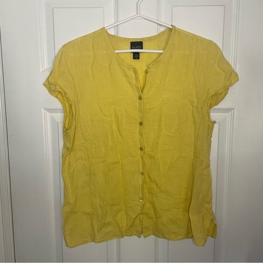 Eileen Fisher 100% Linen Button Down Butter Yellow Short Sleeve Top Medium